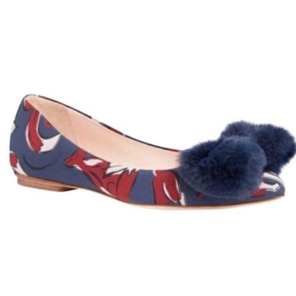Kate Spade Elen Navy Flats in Fox Glen Fabric Fur Toe Embellished Size 8.5 New